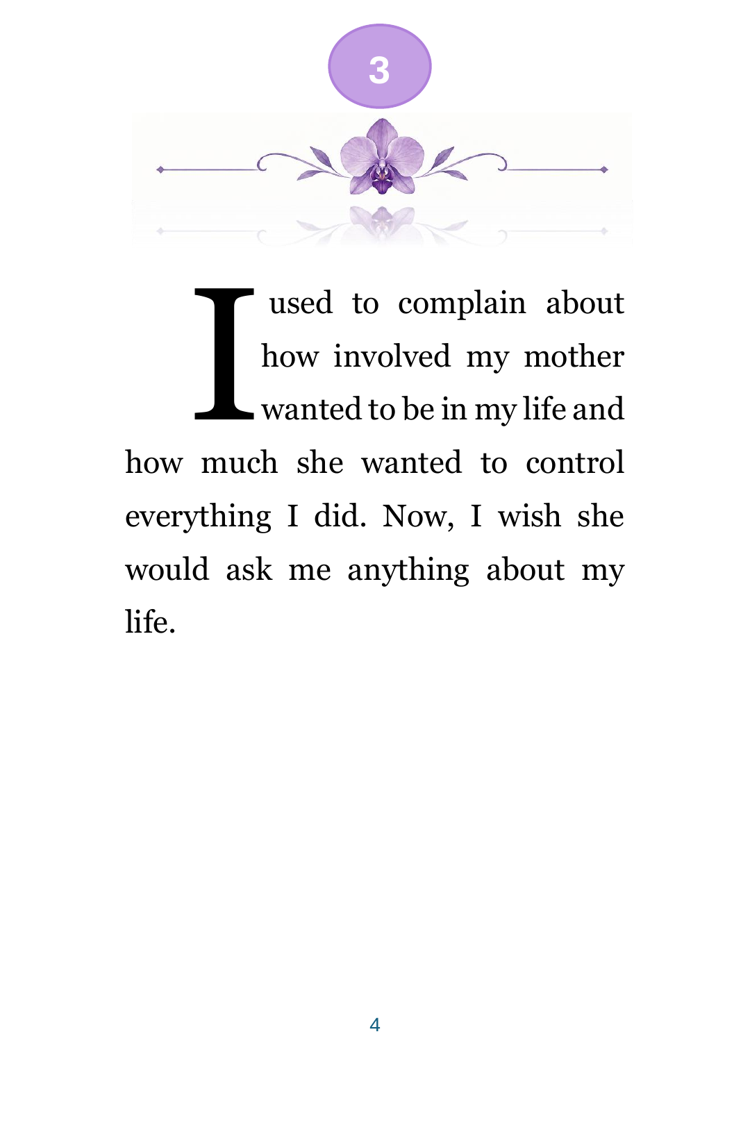 Printed page from Reflection 3: I used to complain about how involved my mother wanted to be in my life and how much she wanted to control everything I did. Now, I wish she would ask me anything about my life.